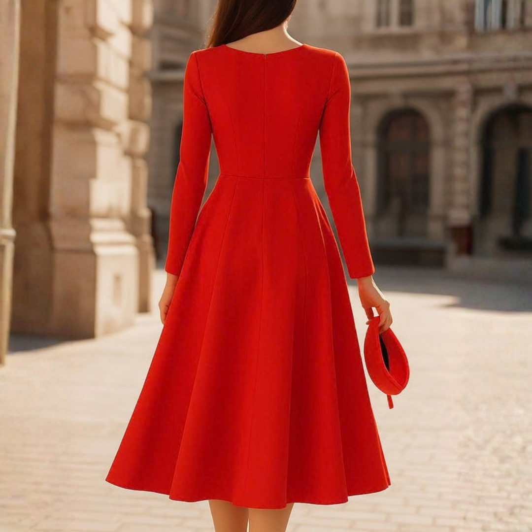 | Elegant Red V-Neck Fit and Flare Midi Dress