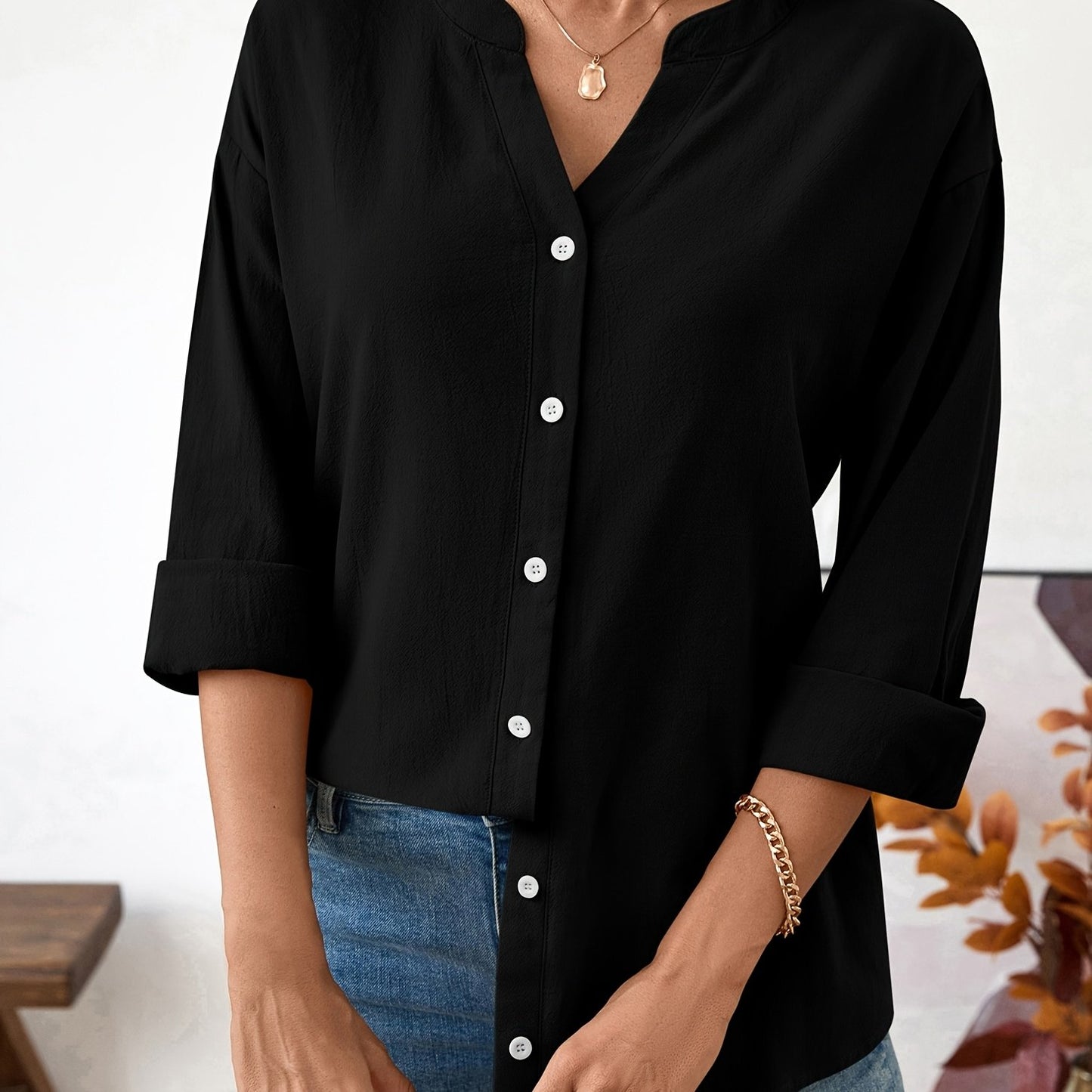 Women’s Loose Fit Linen V-Neck Shirt Minimalist Style