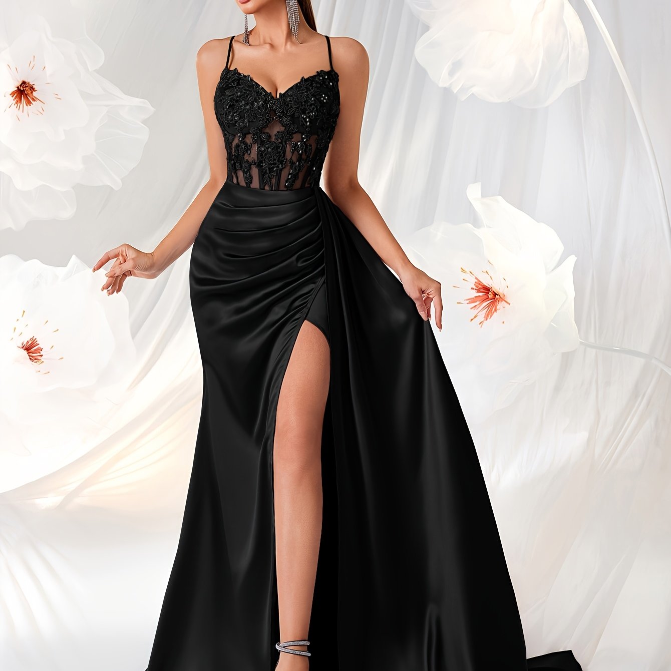 Women’s Elegant Backless V-Neck Dress with Embroidery and High-Waisted Silhouette, Perfect for Parties