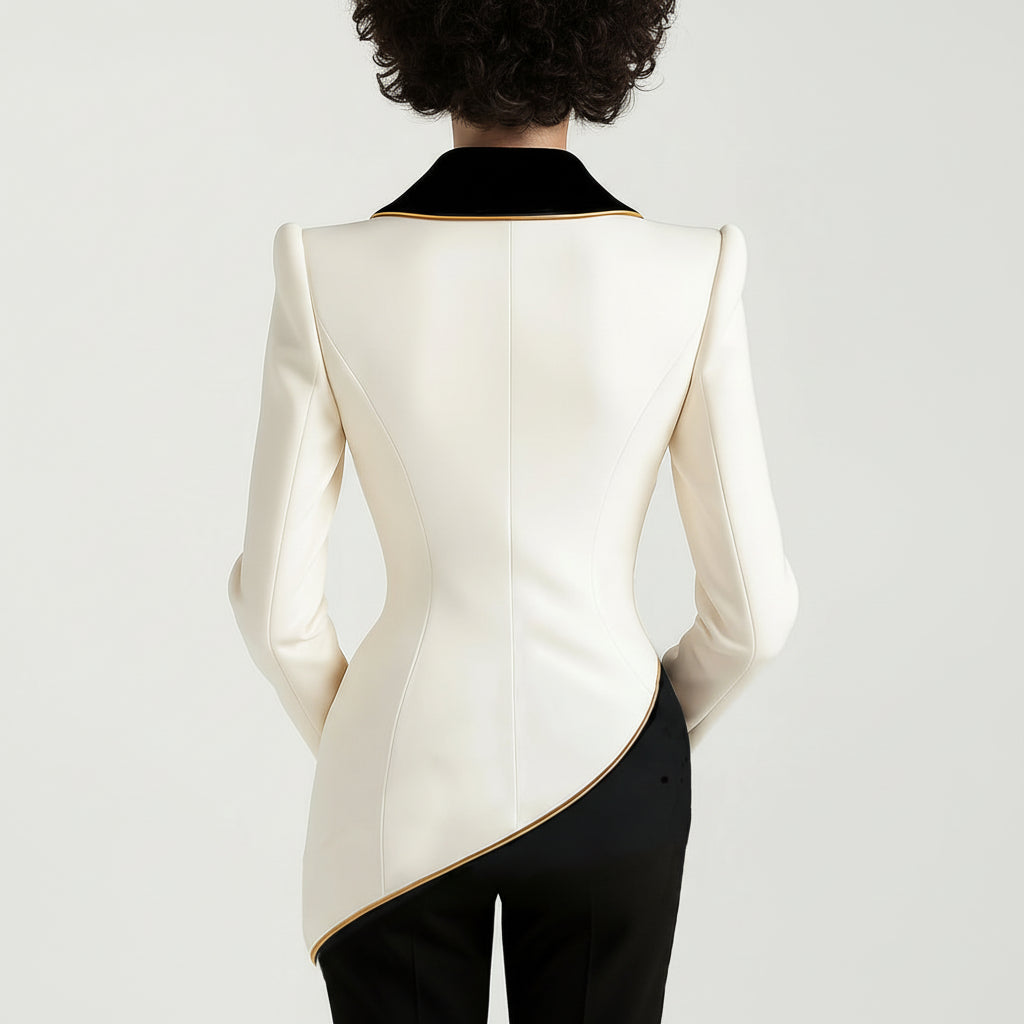 Moira | Asymmetrical White Blazer with Black Contrast Lapels in Premium Cotton Blend 4