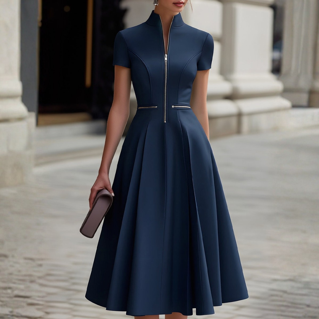 | Zip Front Fit and Flare Midi Dress