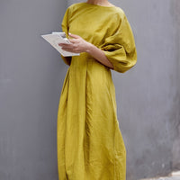 BreezyThreads | Solid Color Round Neck Linen Midi Dress for Summer