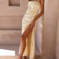 Ladies Silky Fabric Slip Dress Straight Neckline Side Split