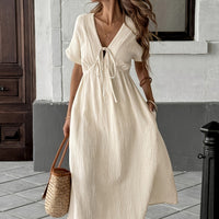 | Linen Long Sleeve V-Neck Dress Relaxed Resort Style