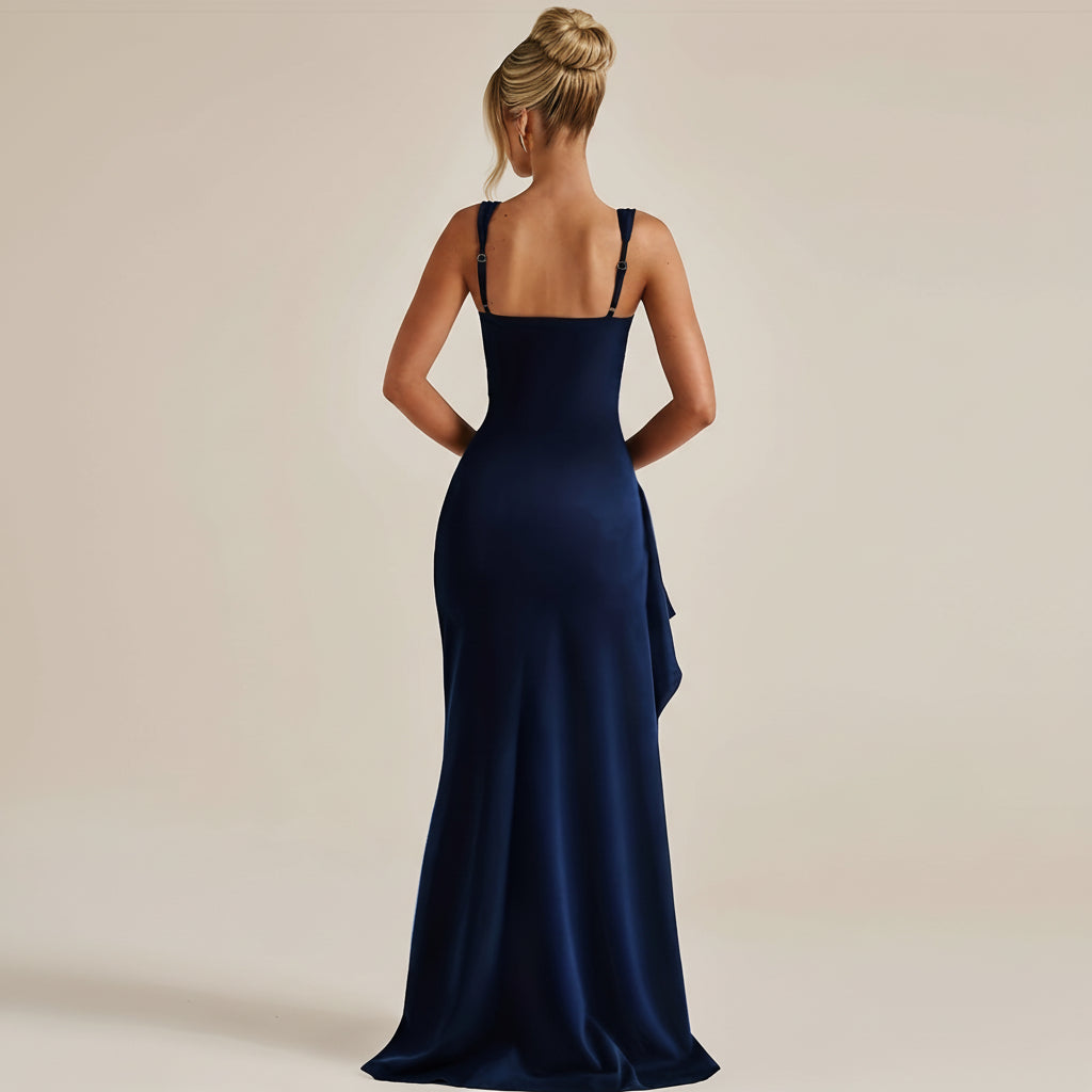 Backless Satin Dress with Ruffle Detail