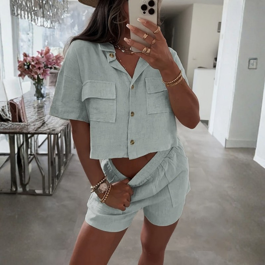 Katherine | Women’s Casual Collared Shirt and Elastic Waist Shorts Set