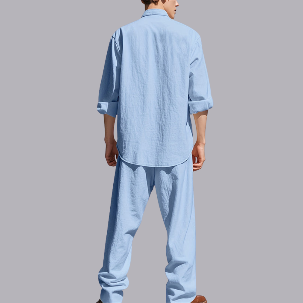 Men Linen Long Sleeve Shirt And Pants Set Loose Fit Casual