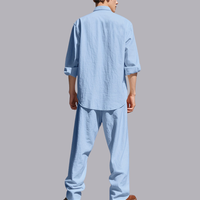 Men Linen Long Sleeve Shirt And Pants Set Loose Fit Casual