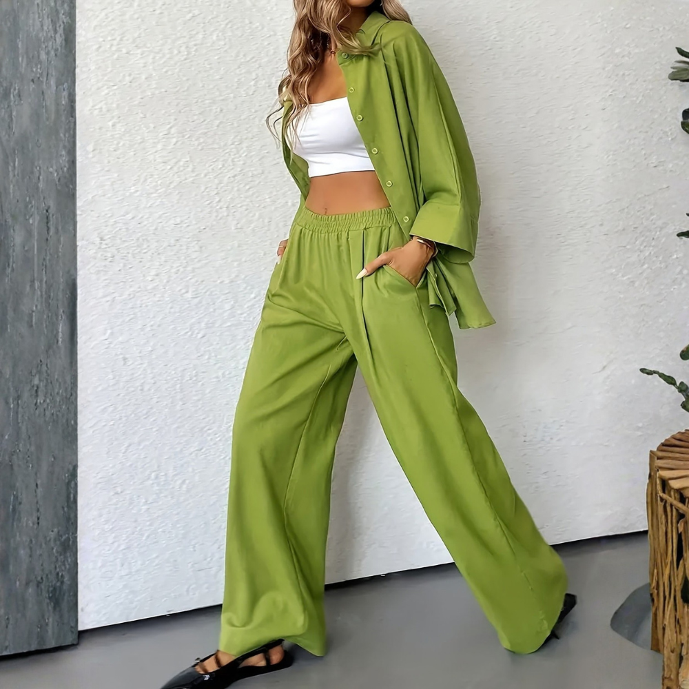 | Women’s Casual Loose Shirt and Wide Leg Pants Set