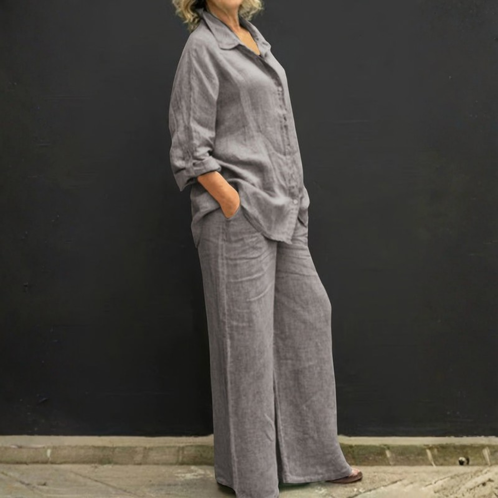 Women’s Linen Look Two-Piece Shirt and Straight Pants Set
