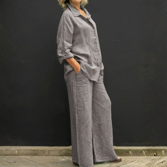 | Women’s Linen Look Two-Piece Shirt and Straight Pants Set