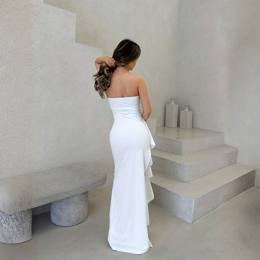 White Strapless Evening Dress with High Split