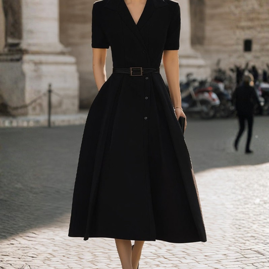 Short Sleeve Tailored Button-Front Midi Dress