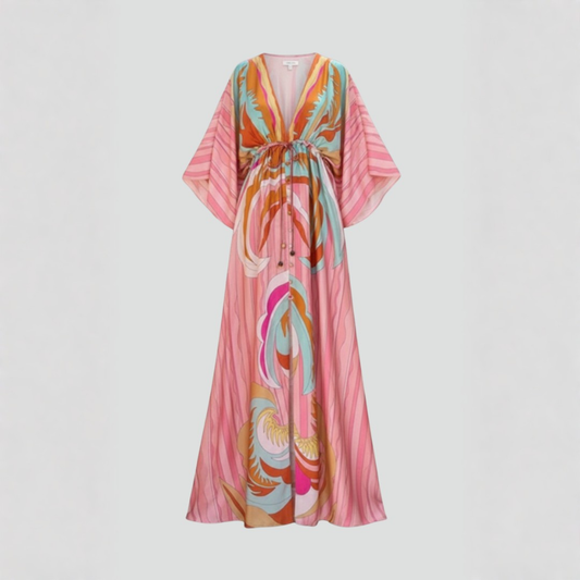 | Women’s V-Neck Long Dress with Belted Waist