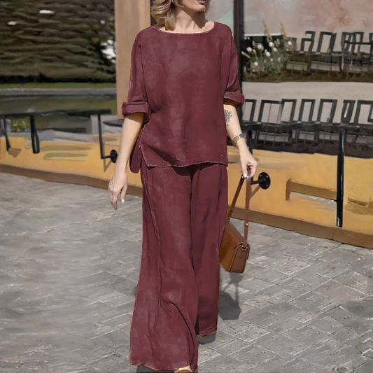 | Women’s Casual Round Neck Wide Leg Pants Set