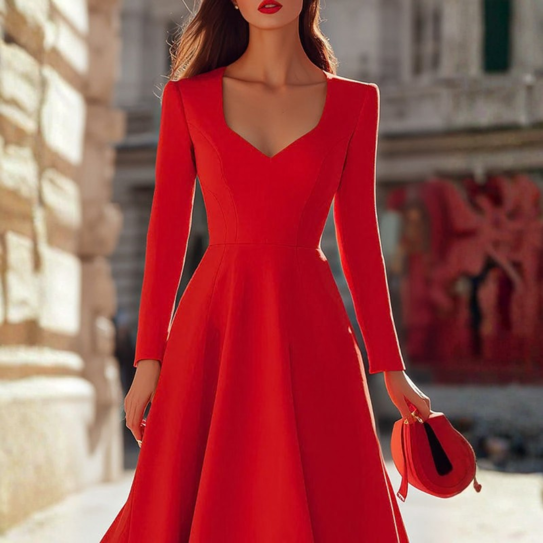 | Elegant Red V-Neck Fit and Flare Midi Dress