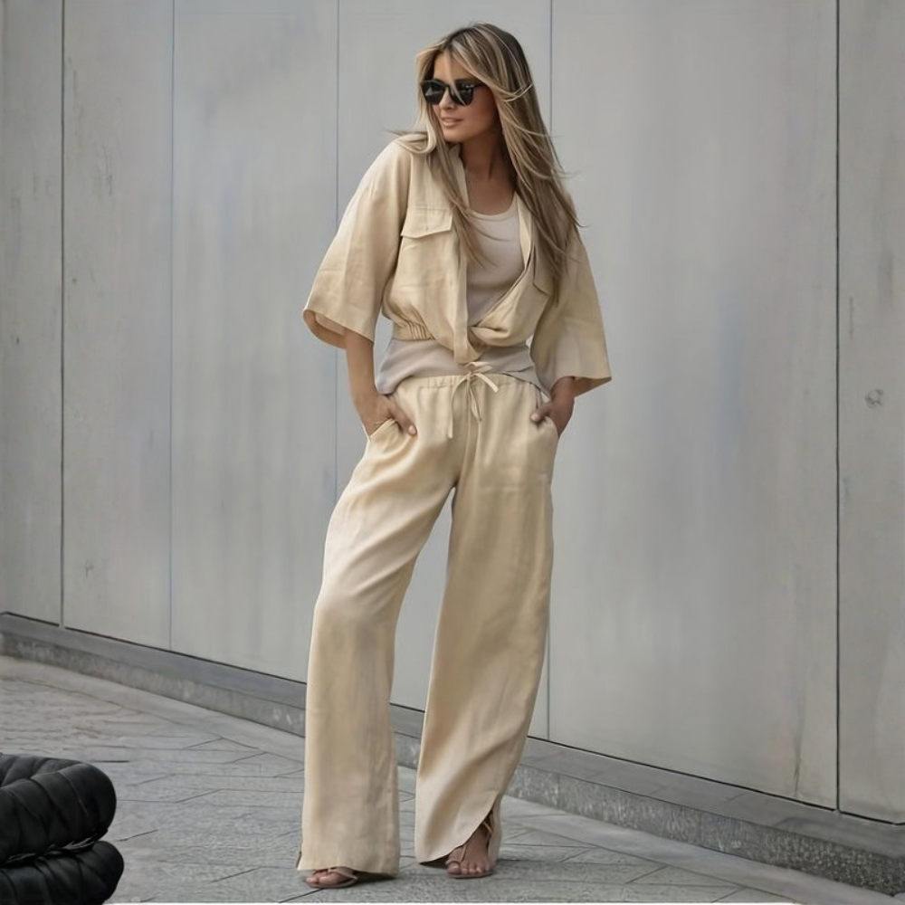 Women’s Casual Draped Top and Wide Leg Pants Set