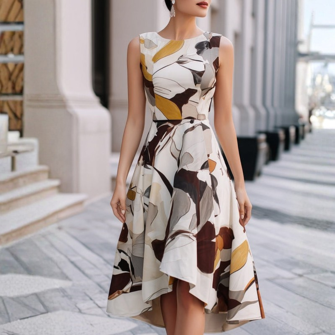 Abstract Floral Sleeveless Fit and Flare Midi Dress