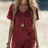 Comfortelle | Breathable Solid V-Neck Casual Dress with Pocket Detail