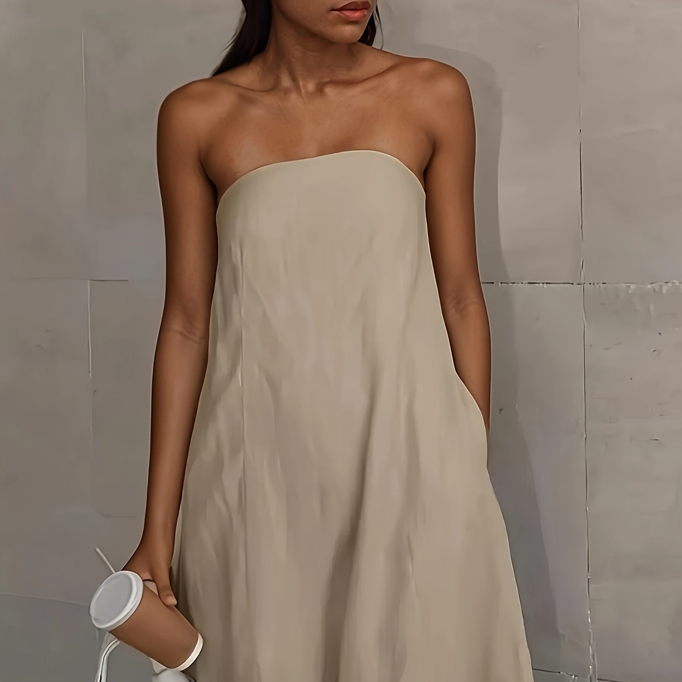 | Lightweight Linen Strapless Long Dress Smooth Texture Casual Solid Color