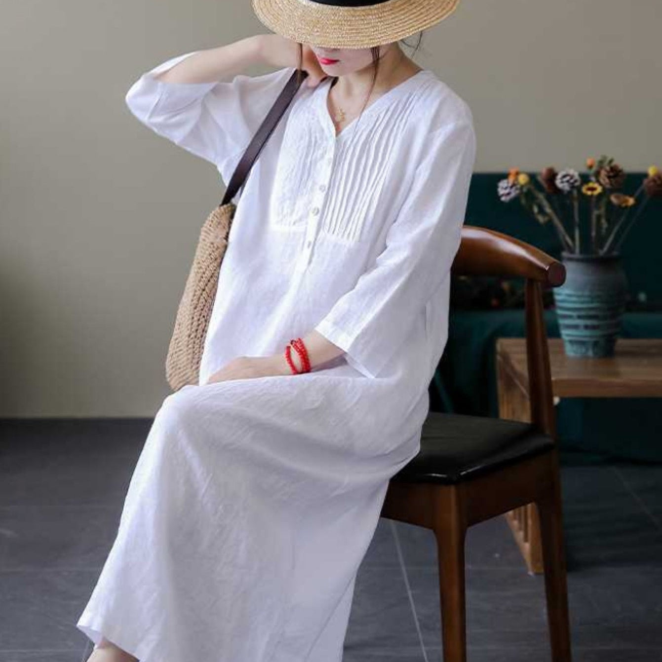 | Versatile Long Dress with Accordion Pleats and Breathable Linen Fabric