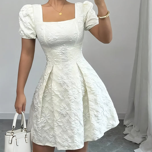 Puff Sleeve Jacquard Dress with Square Neck