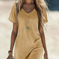 Comfortelle | Breathable Solid V-Neck Casual Dress with Pocket Detail