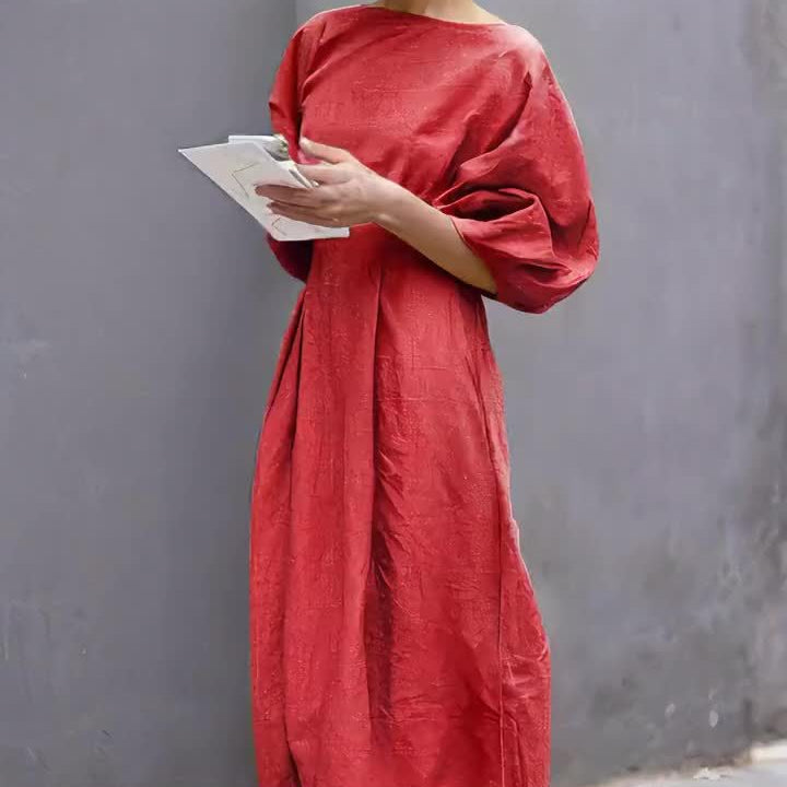 BreezyThreads | Solid Color Round Neck Linen Midi Dress for Summer