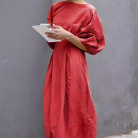 BreezyThreads | Solid Color Round Neck Linen Midi Dress for Summer