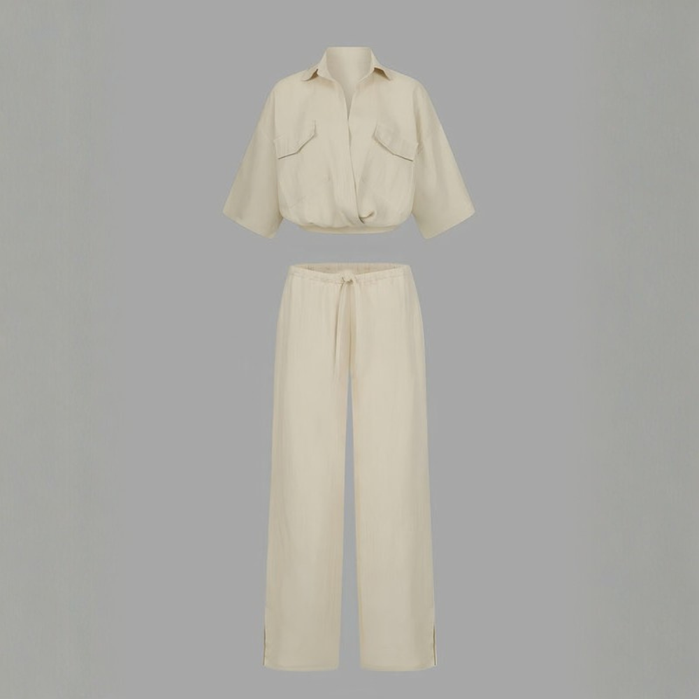 Women’s Casual Draped Top and Wide Leg Pants Set