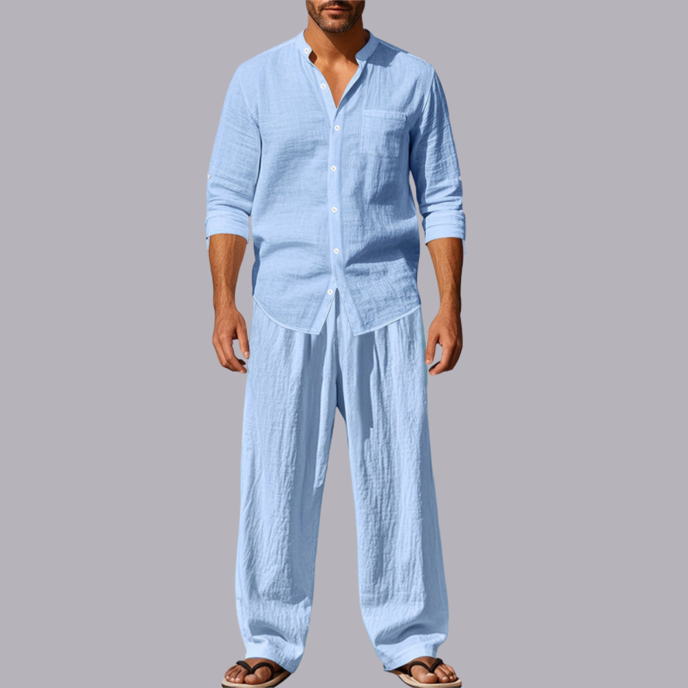 Men Linen Long Sleeve Shirt And Pants Set Loose Fit Casual