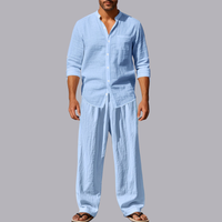 Men Linen Long Sleeve Shirt And Pants Set Loose Fit Casual