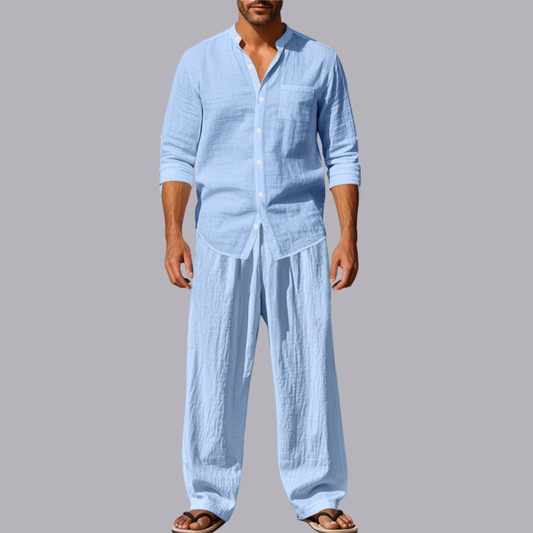 Men Linen Long Sleeve Shirt And Pants Set Loose Fit Casual