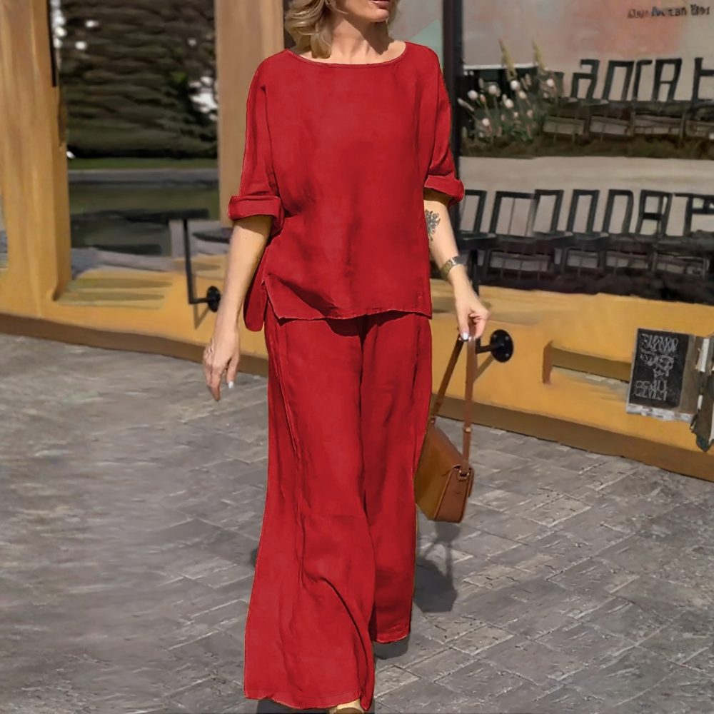 Women’s Casual Round Neck Wide Leg Pants Set