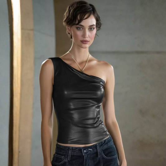 One-Shoulder Sculpted Faux Leather Asymmetrical Top