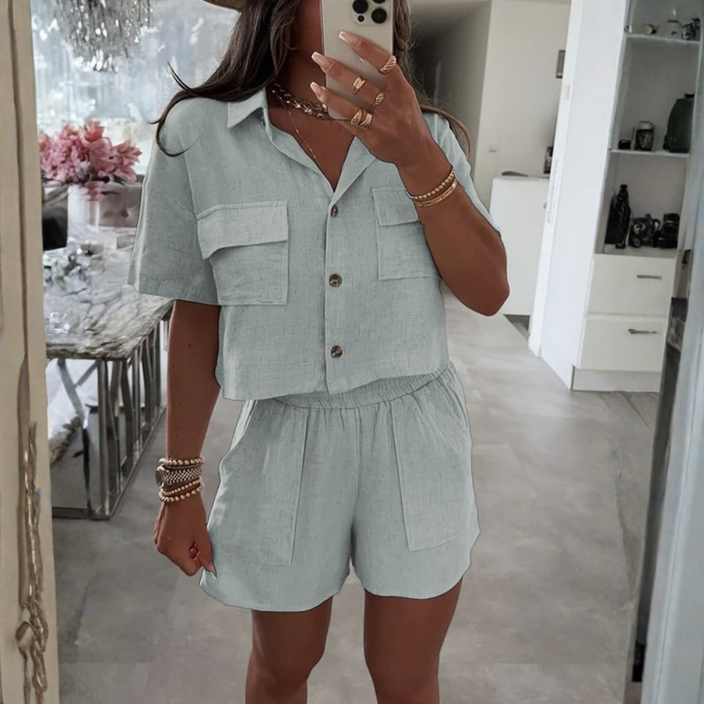 Women’s Casual Collared Shirt and Elastic Waist Shorts Set