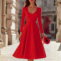 | Elegant Red V-Neck Fit and Flare Midi Dress