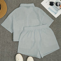Women’s Casual Collared Shirt and Elastic Waist Shorts Set