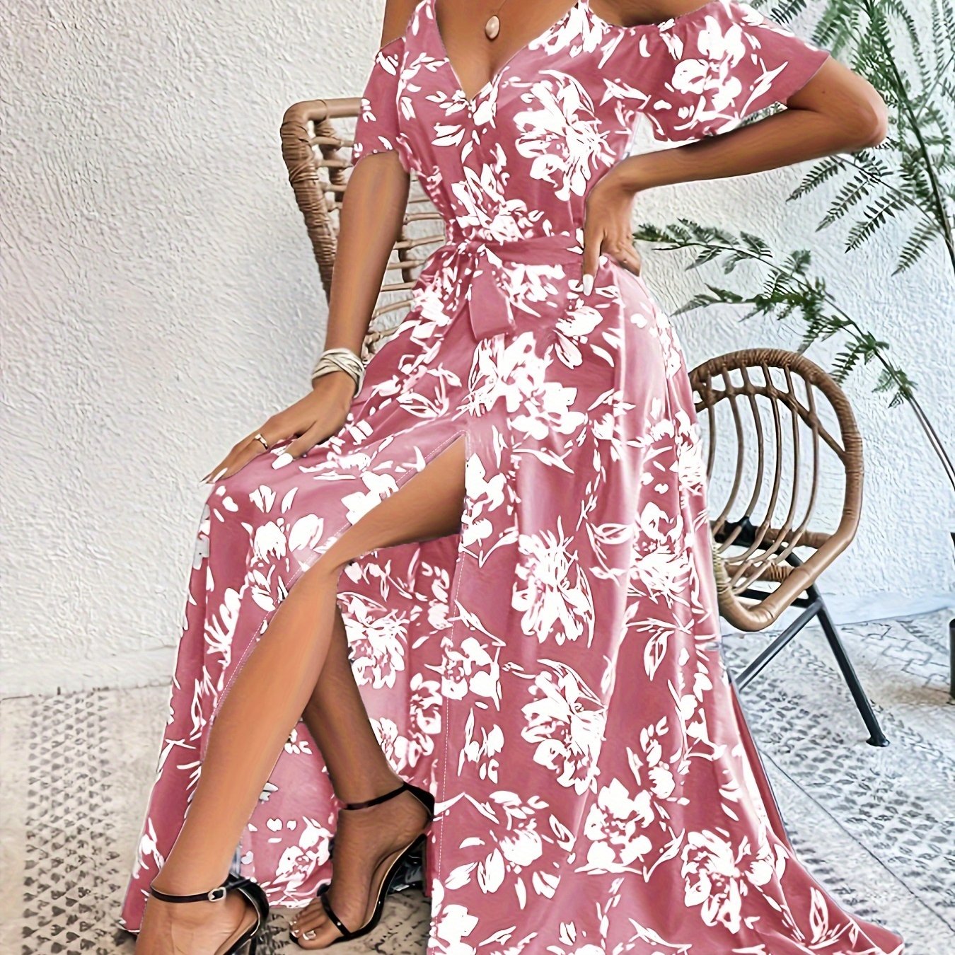 Sleeveless Floral Midi Dress with Side Slit