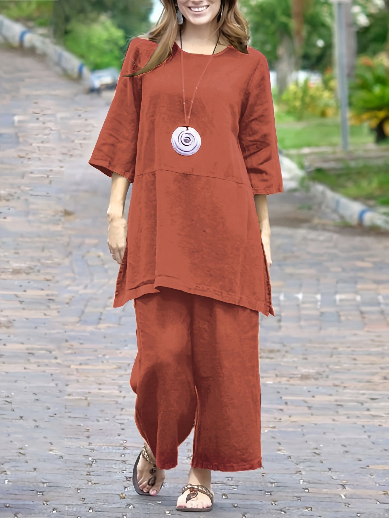 | Women’s Colorblock Casual Shirt and Wide Leg Pants Set