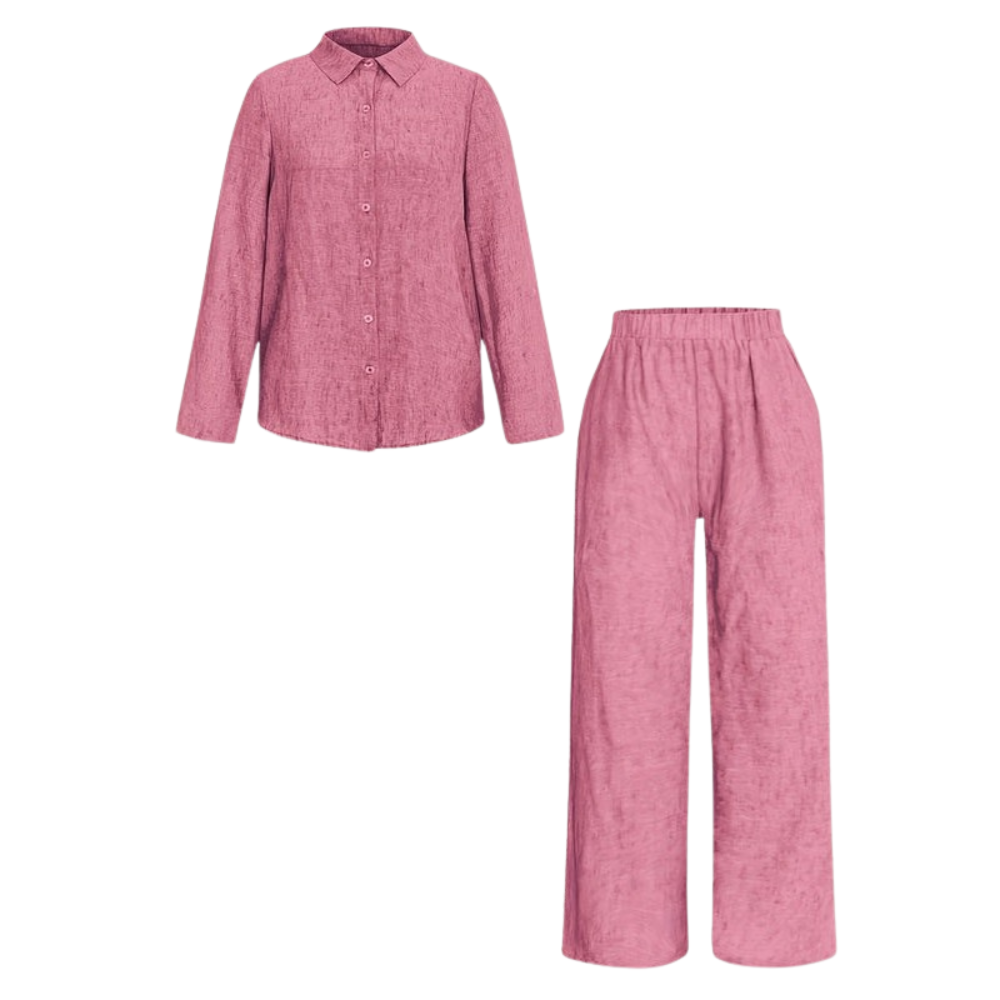 Women’s Linen Look Two-Piece Shirt and Straight Pants Set