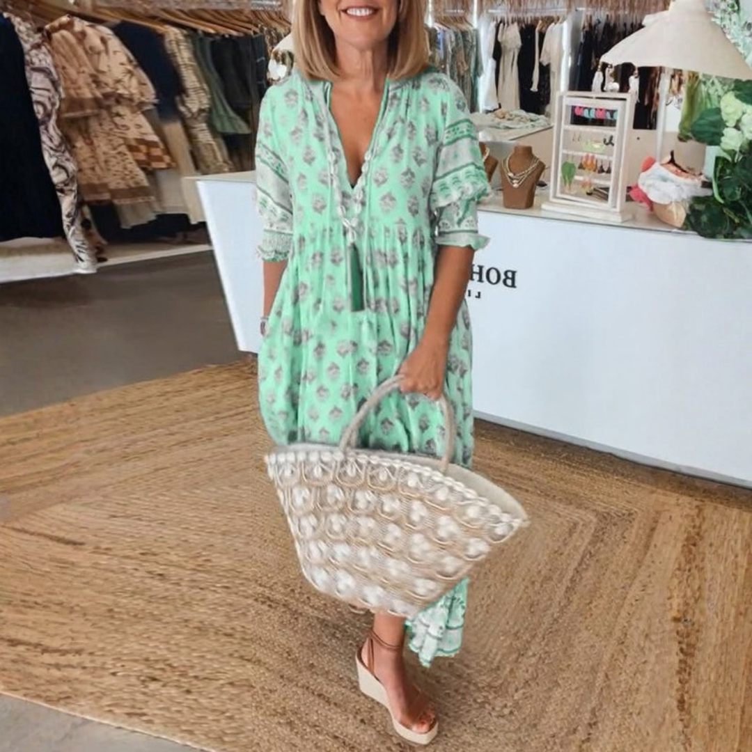 Printed V-Neck Midi Dress