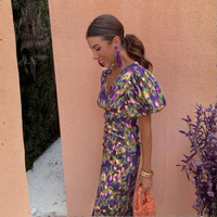 | Women’s Summer Printed Puff Sleeve Midi Dress