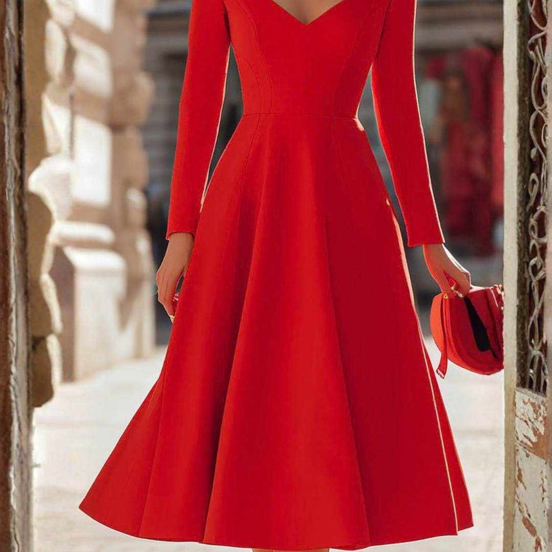 | Elegant Red V-Neck Fit and Flare Midi Dress