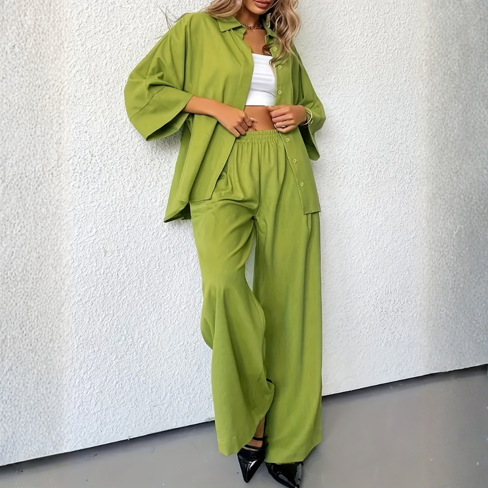 | Women’s Casual Loose Shirt and Wide Leg Pants Set