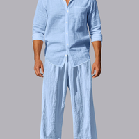Men Linen Long Sleeve Shirt And Pants Set Loose Fit Casual