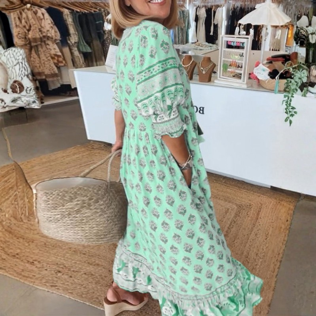 Printed V-Neck Midi Dress