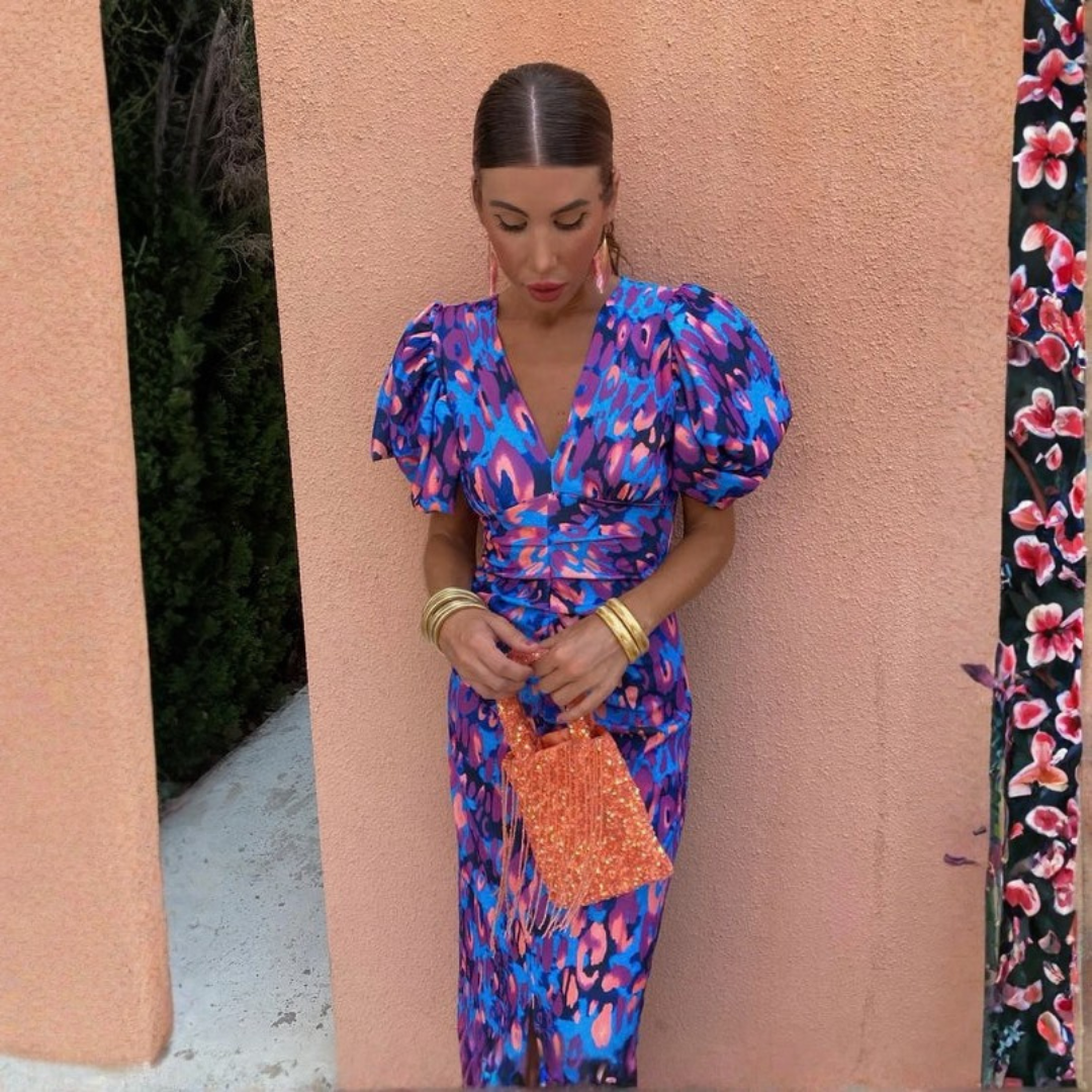 | Women’s Summer Printed Puff Sleeve Midi Dress