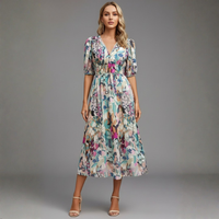 | Women’s Puff Sleeve Floral Midi Dress
