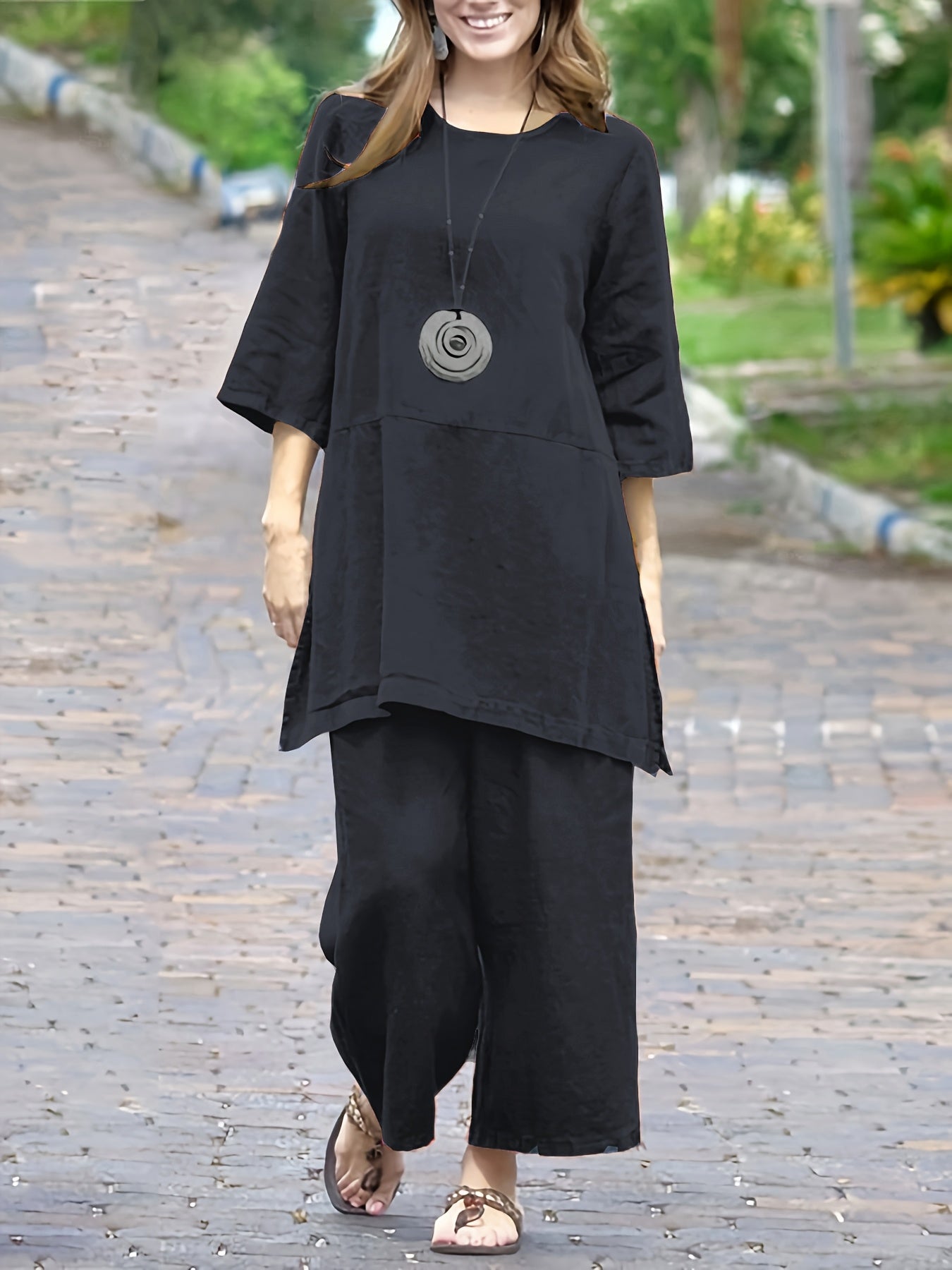 | Women’s Colorblock Casual Shirt and Wide Leg Pants Set